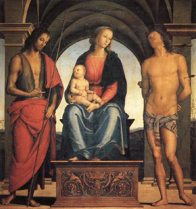 PERUGINO, Pietro Madonna and Child Enthroned with SS.John the Baptist and Sebastian china oil painting image
